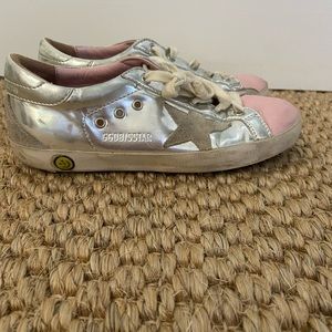 kids pink and silver golden goose sneakers